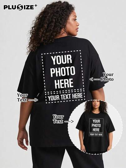 Customized Plus Size Round Neck Pet Memorial T-Shirt, Can Print Dog And Cat Patterns, Women's Casual T-Shirt - Can Add Your Photo (Selfie/Photo/Friend Photo/Lover Photo/Boyfriend Photo/Couple Logo/Boyfriend Custom). You Can Also Customize T-Shirts With Text To Celebrate Father's Day And Mother's Day. Black Summer
