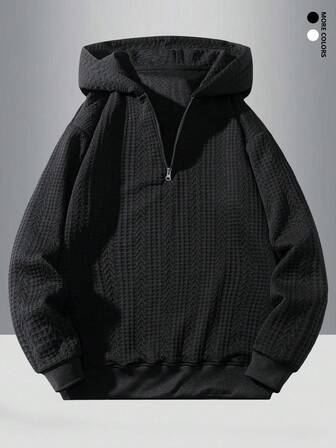 男士纯色长袖休闲连帽半拉链运动衫，秋季