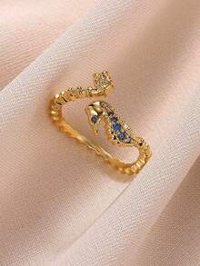 Anel em aço inoxidável banhado a ouro 18K com cavalo-marinho em zircônia azul, acessório de joalheria com tema oceânico, presente de Natal para namorada/filha.