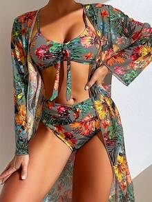 Women's Floral Print Bikini Set, Long Sleeve V-Neck Swimsuit With Bow Detail, High Stretch Polyester And Spandex, Removable Padding, All-Season Mesh Fabric, 3-Piece Swim Skirt Set - Xám - Xem 3