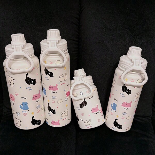 1 pieza Vaso aislado de doble pared con tapa y pajita - 12/20/32oz (14oz) Taza de viaje a prueba de fugas, diseño de gato de dibujos animados - Adecuado para coche, oficina, gimnasio, regalo de cumpleaños/Navidad/Halloween - Apto para lavavajillas y base antideslizante, diseño cilíndrico, botella de agua térmica