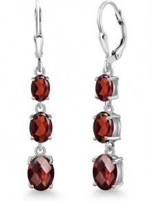 Gem Stone King 3-Stone Leverback Drop Dangle Earrings Women |   925 Sterling Silver |   Gemstone Birthstone |   Oval 8X6MM 7X5MM And 6X4MM |   Fine Jewelry Gifts Her Mom Women Wife - 石榴石/棋盤格,一月 - 查看 1