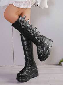Women's Punk Thick-Soled Knee High Boots Wedge Heel Side Zipper Shoes Belt Buckle With Skull Chain Rivet Decor Fashionable Fall Boots - 黑色 - 查看 6