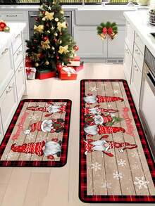 1 pezzo Zerbino decorativo natalizio da 16"X24" / 20"X31" / 16"X47", con motivo di gnomi natalizi, sfondo in legno, bordo classico a quadri rosso e nero, adatto per decorazioni natalizie e invernali, zerbino per l'ingresso di Natale