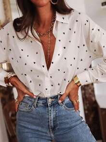 女士加大码心形印花纽扣长袖翻领衬衫 白色 春季 - 白色 - 查看 2