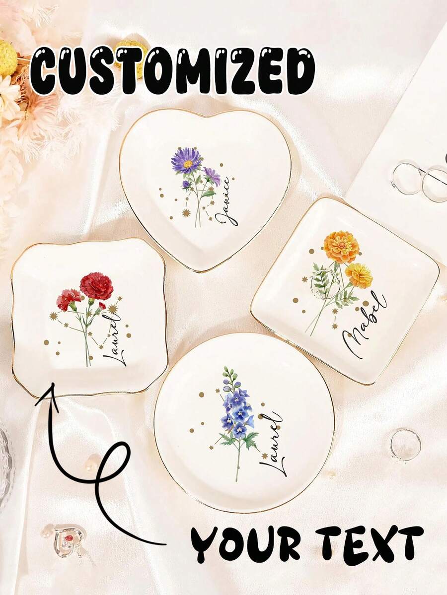 Personalized Floral Jewelry Tray - Custom Watercolor Floral Ceramic Ring Holder, Customized Jewelry Tray, Personalized Wedding Ring Dish, Birthday Gift For Her, Bridesmaid Proposal Gift, Unique Jewelry Storage, Friendship Gift, Jewelry Dish For Birthday, Wedding, Anniversary, Bridesmaid Proposal, Suitable For Home Or Office Use - Multicolor - View 1