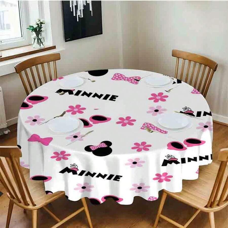 1pc Tablecloth Home Print Table Cute  Pattern Tablecloth - Adorable Black  Heads With Pink Polka Dot Bows, Pink Baby Shoes, And Pink And Purple Flowers Scattered Across A White