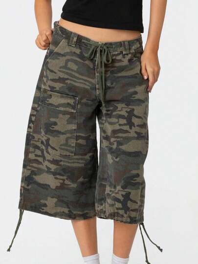 .Women Summer Cargo Shorts Casual Camouflage Print Loose Drawstring Short Pants For Club Streetwear
