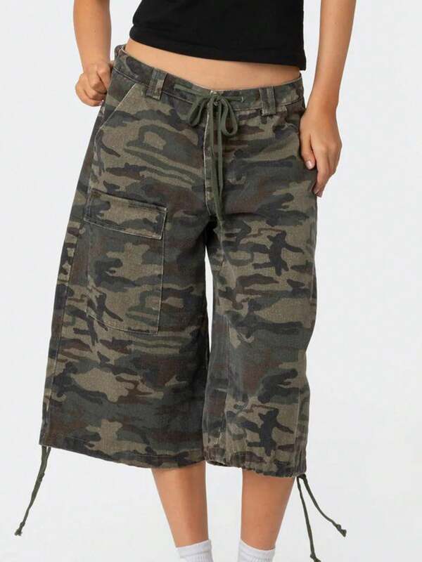 .Women Summer Cargo Shorts Casual Camouflage Print Loose Drawstring Short Pants For Club Streetwear