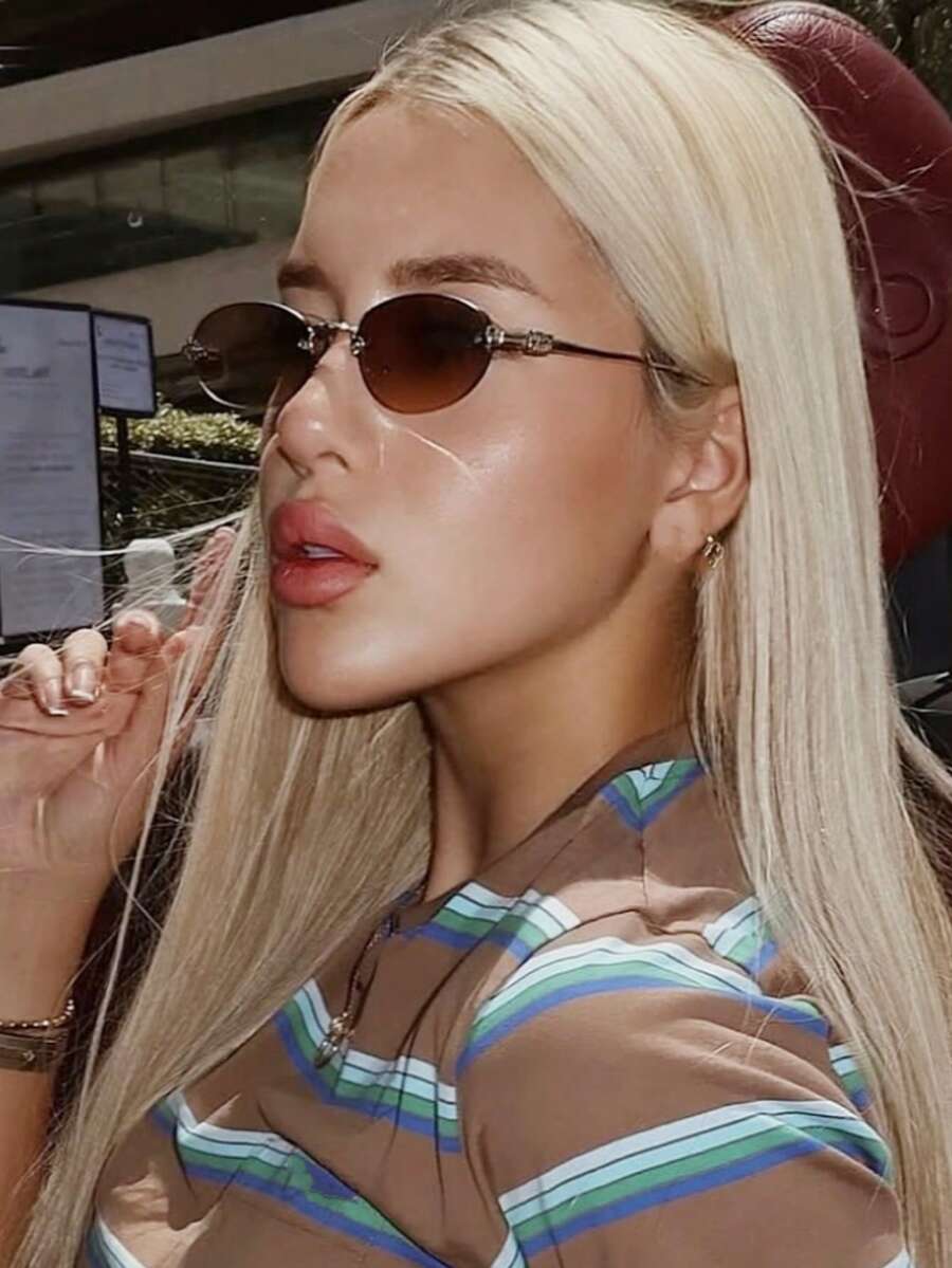 1pc Women's Dark Grey Oval Frameless Metal Leg Edged Small Frame Fashionable Eyeglasses, Suitable For Daily Wear Elegant Outfit For Summer Beach Vacation,Outdoor,Travel - 茶片 - 查看 1