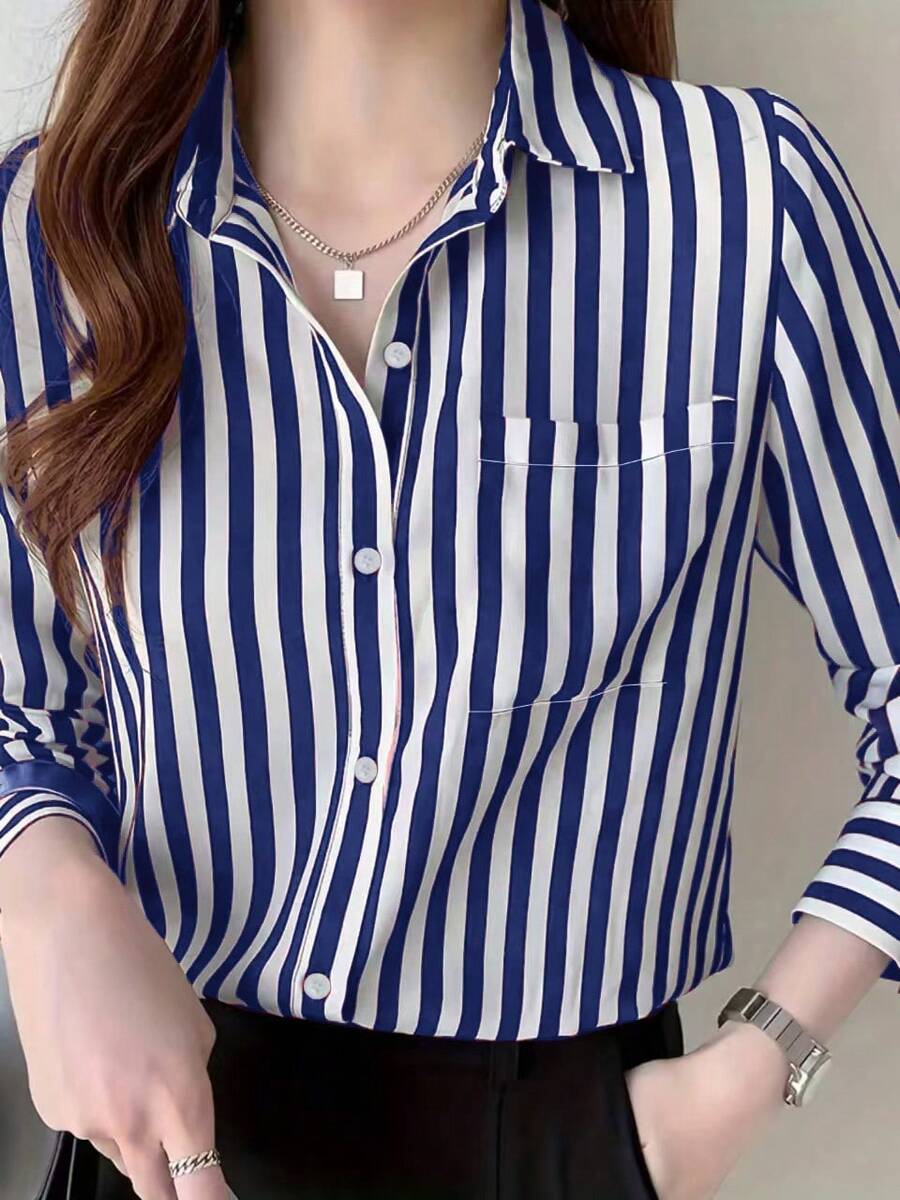 女士条纹长袖口袋宽松休闲通勤衬衫，春秋季 - 藍白色 - 查看 1