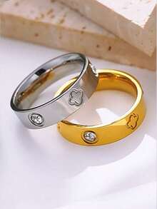 1pc 18K Gold Plated Women's Fashion Simple & Versatile Four-Leaf Flower Cubic Zirconia Stainless Steel Ring, Waterproof & Fade-Resistant, Suitable For Daily Wear, Parties, Gifts For Friends & Family