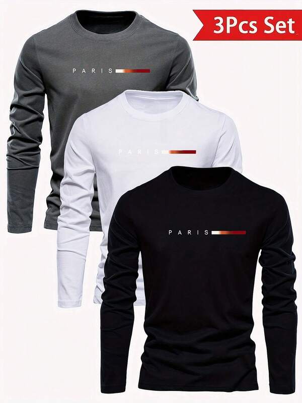 3 pièces/Set T-shirts à manches longues décontractés avec imprimé lettres pour hommes