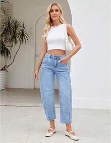 LookbookStore High Waisted Wide Leg Baggy Barrel Jeans Denim Jean Pantshalloween - 路夜藍 - 查看 6