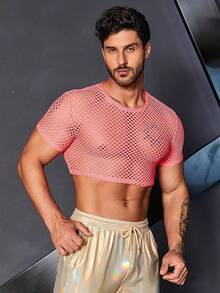 Men's Fishnet Mesh Tee Shirt Round Neck Short Sleeve Crop Top - Màu Hồng Tươi - Xem 6