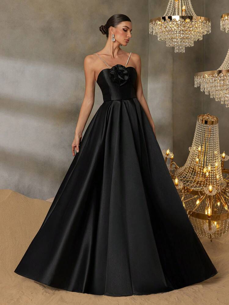 Faeriesty 风格优雅奢华立体花朵露背开叉大腿缎面舞会礼服 - 露背系带设计，适合婚礼、庆典和戛纳派对、舞会、红毯活动和高端宴会、颁奖典礼 - 黑色 - 查看 7