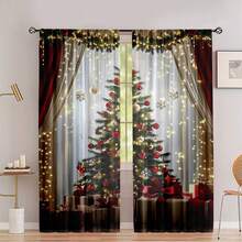 2pcs Christmas Tree Pattern Home Textile Digital Print Curtains, Rod Pocket Design For Easy Hanging, Privacy Protection Curtains Suitable For Bedroom, Living Room, Kitchen, Study, Dining Room, Game Room, Home Decor - Multicolor - View 3