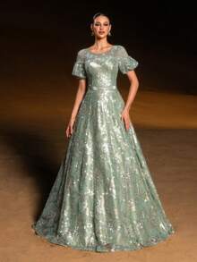 GIFORU Luxury Pastel Green Floral Sequin Gown - Puffed Sleeves A-Line Evening Dress With V Back & Crystal Embroidery For Art Gallery Openings, Vienna Balls And Luxury Galas Wedding Prom Dress Wedding Dresses For Bride Formal Dresses For Women White Dress New Year Elegant Dresses For Party Elegant Long Graduation Dress Sparkly Dress - Cỏ xanh - Xem 5