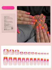 48片/2套方形美甲贴纸，橙色法式美甲，3D波浪线花卉简约风格亮面全覆盖，适合女性和女孩夏季美甲，日常美甲用品 - 彩色 - 查看 2