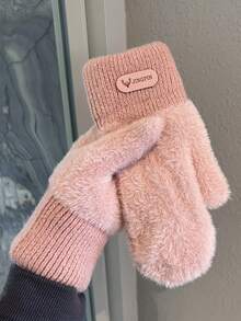 1 Pair Double Layered Velvet Thickened Warm Gloves Solid Color Versatile Cold Protection Gloves For Outdoor Cycling Winter Warm Unisex Plush Lining Mittens Birthday Christmas Gifts - Mittens - View 2