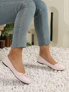 Women's Elegant Suede Ballet Flats With Bow Knot, Comfortable Breathable PU Lining, Slip-On Soft Sole Casual Shoes - 粉色 - 查看 2