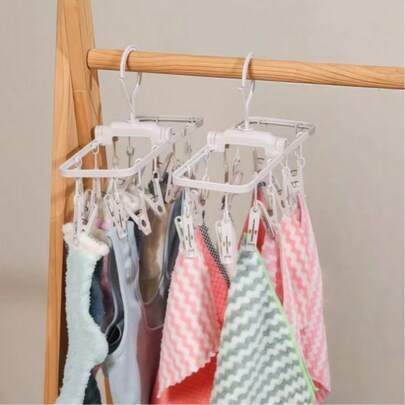 1 Móc treo quần áo gấp gọn có 12 kẹp - Giá phơi đồ lót tiết kiệm không gian, Vật dụng giặt giũ nhẹ và di động, Nhựa bền, Lý tưởng khi đi du lịch, sắp xếp đồ đạc trong nhà, Thiết kế xoay và gấp