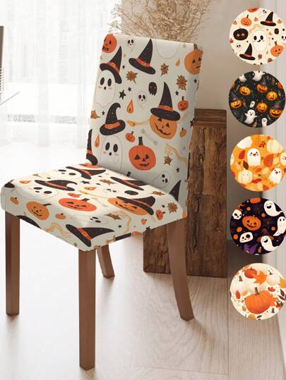 1pc/4pcs/6pcs Milk Silk Material Non-Slip Elastic Printed Pumpkin & Horror Pumpkin Halloween Colorful 1 Set/4 Sets/6 Sets Pet Anti-Dirty Chair Cover, Digital Printed Cute Ghost Halloween Chair Cover, Elastic Chair Cover For All Seasons