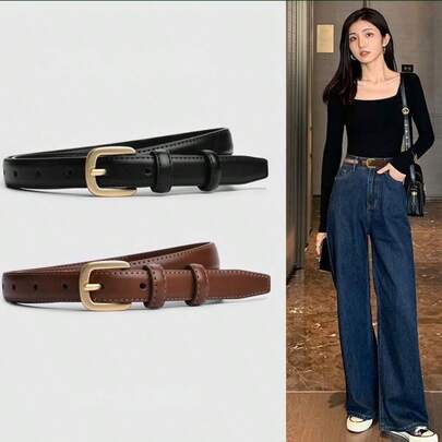 2 件女士金属扣腰带，黑色/棕色，新款时尚简约女士服饰配饰，适用于牛仔裤、裙子等各种服装，适合派对、街头、校园和所有场合