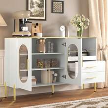 Elegante Sideboard con 2 cajones y 2 puertas de vidrio – Mueble moderno en blanco con detalles dorados – Amplio espacio de almacenamiento – Para salón, comedor, pasillo - Blanco - Ver 3