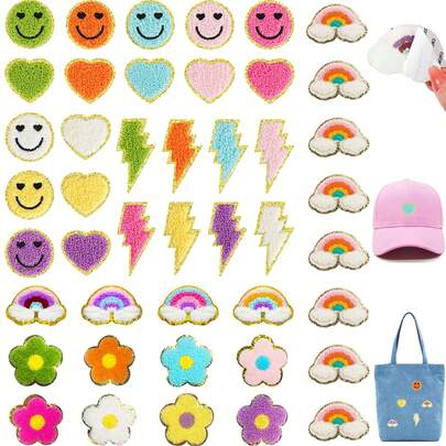 3/4/24/28pcs Gold-Edged Chenille Embroidered Flower, Heart, Rainbow Fabric Patches (Self-Adhesive), For DIY Decoration On Clothes, Bags, Hats, Jeans, Backpacks