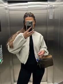 Simple Versatile Daily Solid Color Zip-Up Short Jacket With Pockets, Soft Zip-Up Long Sleeve Jacket, Women Casual Full Set Long Sleeve Outerwear, Autumn/Winter Spring - Beige - View 5