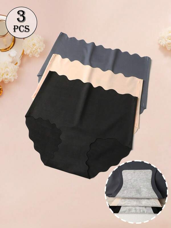 3 Pcs Seamless Underwear Women Knickers Women High Waist Scallop Pants Ice Silky Panties Sexy Briefs Women Traceless Lingerie Solid Color Soft Skin-Friendly Bikini Holiday