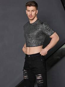 Men's Fishnet Mesh Tee Shirt Round Neck Short Sleeve Crop Top - Solid Black - View 6