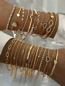 Bộ 30/19/16/14/11/6 đồng xu cổ điển thanh lịch, kim loại, ngọc trai giả, trái tim, bướm, lấp lánh, pha lê, xoắn, bộ vòng tay xích, phong cách Y2K, đeo nhiều lớp, phù hợp cho phụ nữ, mùa thu/đông, ngày lễ, tiệc tùng, hẹn hò, giáng sinh, ngày của mẹ, món quà tuyệt vời nhất - Vàng - Xem 13