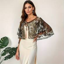 1 Stück Eleganter Vintage Damen Schal aus den 1920ern mit Pailletten, Pailletten- & Perlen-besetzter Retro Kurzblazer, bestickter Spitzenrand Schalkragen, Streetstyle Outfit, Pailletten Top für Nachtclubs, Bühnenkostüm, modisches Party- & Abendkleid Accessoire