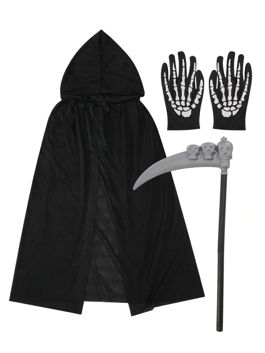 Adult Grim Reaper Black Cloak Hooded Cape, Skull Mask And Gloves Halloween Party Costume Set - Multicolor - View 1
