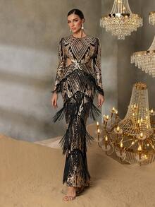 Faeriesty 女士优雅奢华亮片连衣裙，腰部镂空设计，饰有流苏，适合正式晚宴、婚礼和奢华夏季度假穿着。 - 銅色 - 查看 2