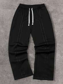 1pc Tween Boys Casual Solid Color Drawstring Waist Sports Pants, All Seasons Suitable For College Sports And Outdoor Leisure,Thick-Style - Black - View 2