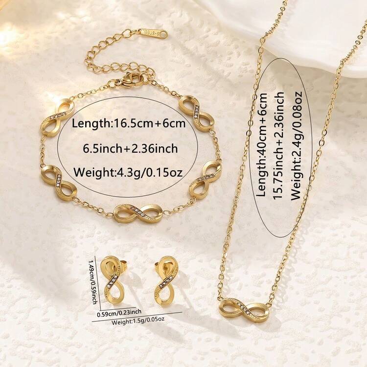 1 套简约时尚个性化无限几何镂空幸运数字 8 吊坠不锈钢项链 + 不锈钢手链 + 不锈钢耳环，女士不锈钢首饰套装，适合派对或度假 - 金黃色 - 查看 9