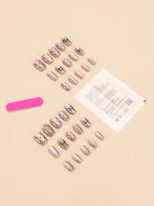 30 Pieces Press On Nails Square/Light Brown Black Polka Dot Bow Print Sparkling Diamond Short Press On Nail Plate/Nail Charms Y2K/Comes With 1 Piece Of Jelly Glue And 1 Rubbing Strip Suitable For Gatherings, Festivals, Halloween, And Daily Use Nail Supplies Nails