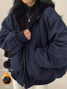 女式超大号连帽外套，仿毛领，修身廓形，双面口袋，可双面穿，休闲街头风格，秋冬短款夹克 - 藏蓝色 - 查看 6