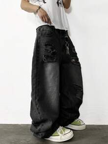 1pc Hearty Haven Distressed American Street Style Loose Fit Wide Leg Washed Denim Jeans For Men (No Belt & Accessories) - Black - View 4