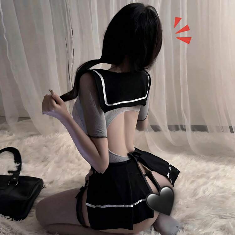 Conjunto de lencería de marinero sexy - Mono gris transparente y minifalda de red como disfraz de ropa interior - Gris oscuro - Añade 5