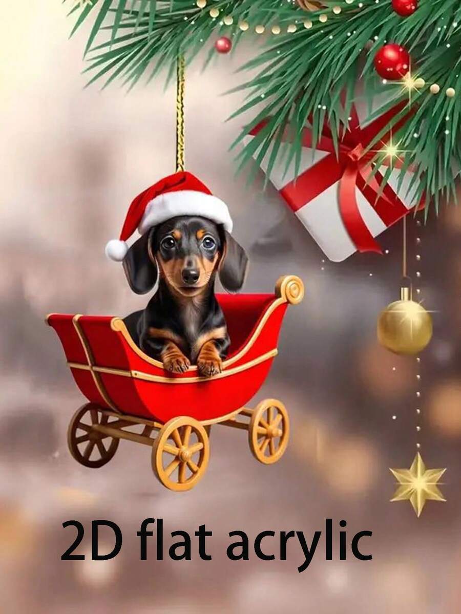 1/3/5 piezas Colgante de perro salchicha acrílico 2D plano - Llavero acrílico navideño, Accesorio de llavero de mascota lindo, Idea de regalo de festival, 2D plano, Mejor para Navidad, Decoración navideña