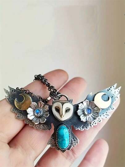 1pc Vintage Punk Style Exaggerated Owl, Flower, Moon Faux Turquoise Pendant Necklace, Versatile For Women Casual Wear, Festivals, Jewelry Gift For Friends