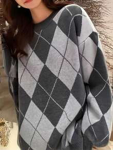 Oversized Argyle Stylish Crew Neck Sweater