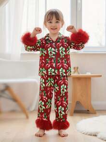 Kid Girls Christmas Pants Set Clothes Long Sleeve Fur Cuffs Bow Print Shirt + Pants Set Toddler, Suitable For Baby Kid Girl - Red - View 3