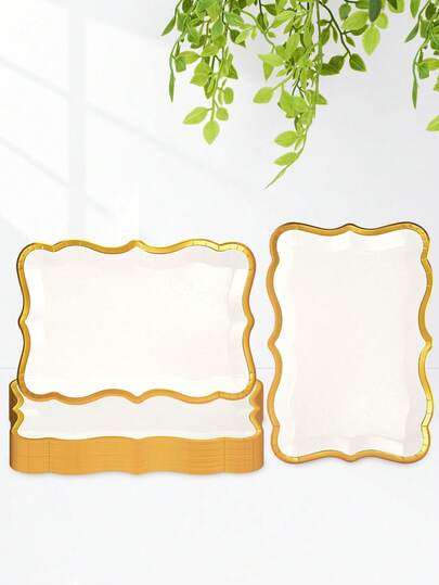 10pcs/20pcs/50pcs Elegant White With Gold Rim Paper Trays, Rectangular Paper Trays With Gold Trim, Suitable For Weddings, Birthdays, Receptions, Dining, Parties, Home Meals, Tableware Decor, Events, Holiday Parties