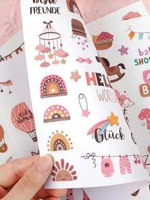 4 Blatt BABY Aufkleber mit englischen Cartoon Morandi Dekorativen Handbuch Sammelalbum Baby Aufkleber, Kleinkind Kinder und Baby Album Aufkleber für DIY Memo und Journaling, Tassen, Spiralbücher und andere Dekoration