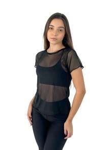 Women's Tulle Blouse Transparent T-Shirt Gym Fitness Fashion Short Sleeve Premium Tulle - 黑色 - 查看 3